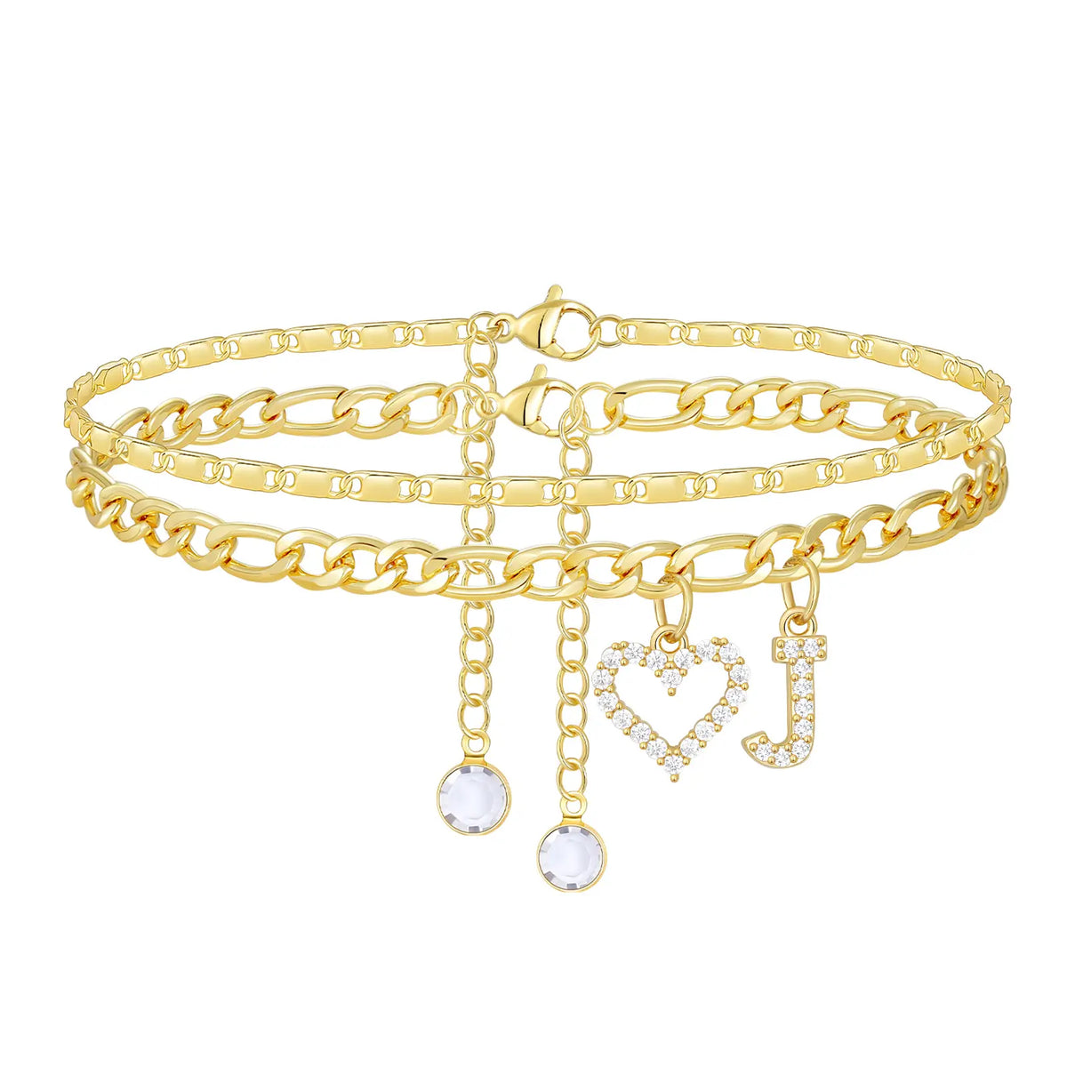 2pc 14k Letter Initial & Diamond Heart Anklet