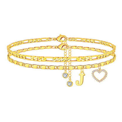 2pc 14k Letter Initial & Diamond Heart Anklet