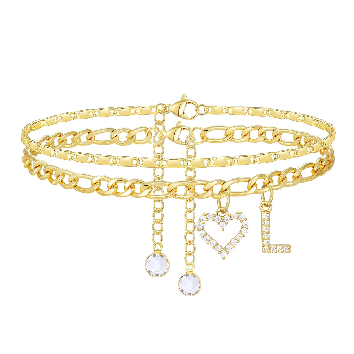2pc 14k Letter Initial & Diamond Heart Anklet