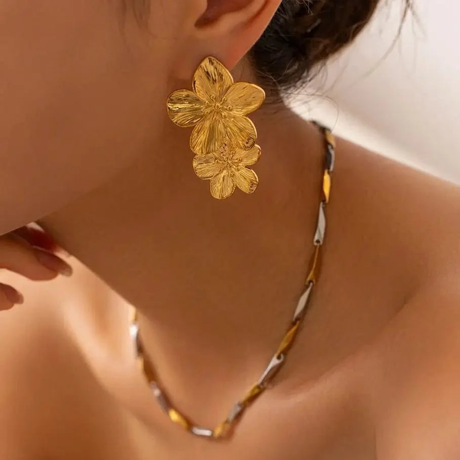 Layered Hibiscus Flower Floral Earrings