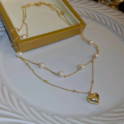 Layered Pearl and Heart Chain Necklace