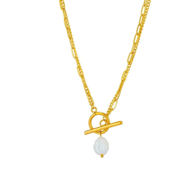 Layered Pearl Circle Clasp Necklace