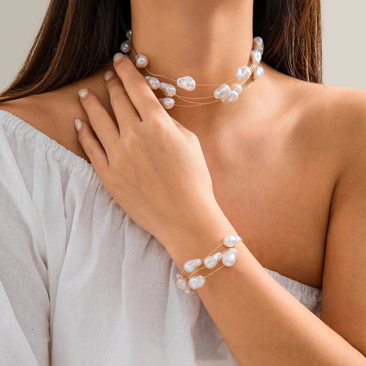 Layered Strung Pearls Bracelet and Necklace