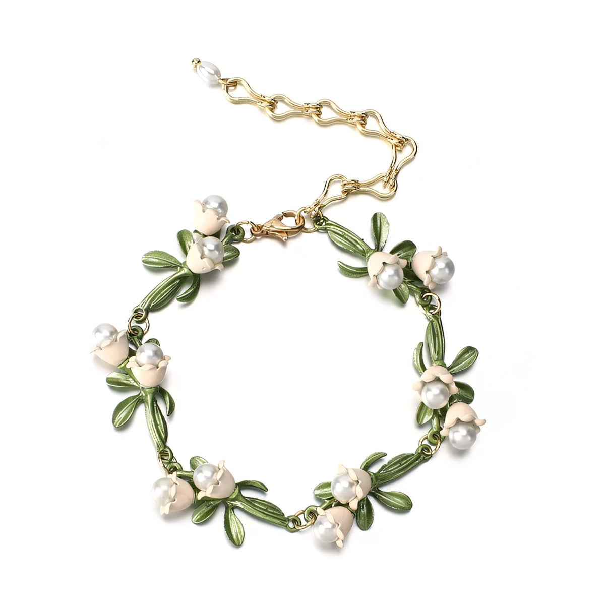 Lily of the Valley Pearl Choker Necklace, Bracelet, and Earrings Set