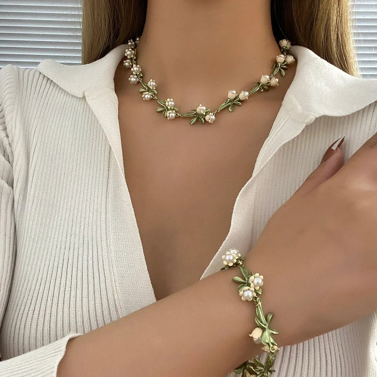 Lily of the Valley Pearl Choker Necklace, Bracelet, and Earrings Set