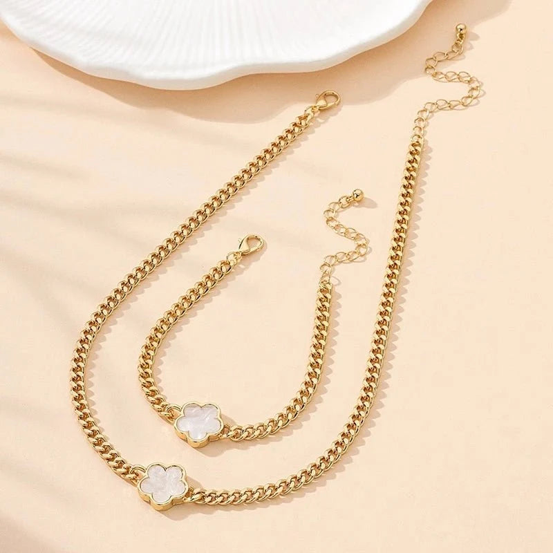 Lucky Clover Cuban Chain Necklace and Bracelet Set