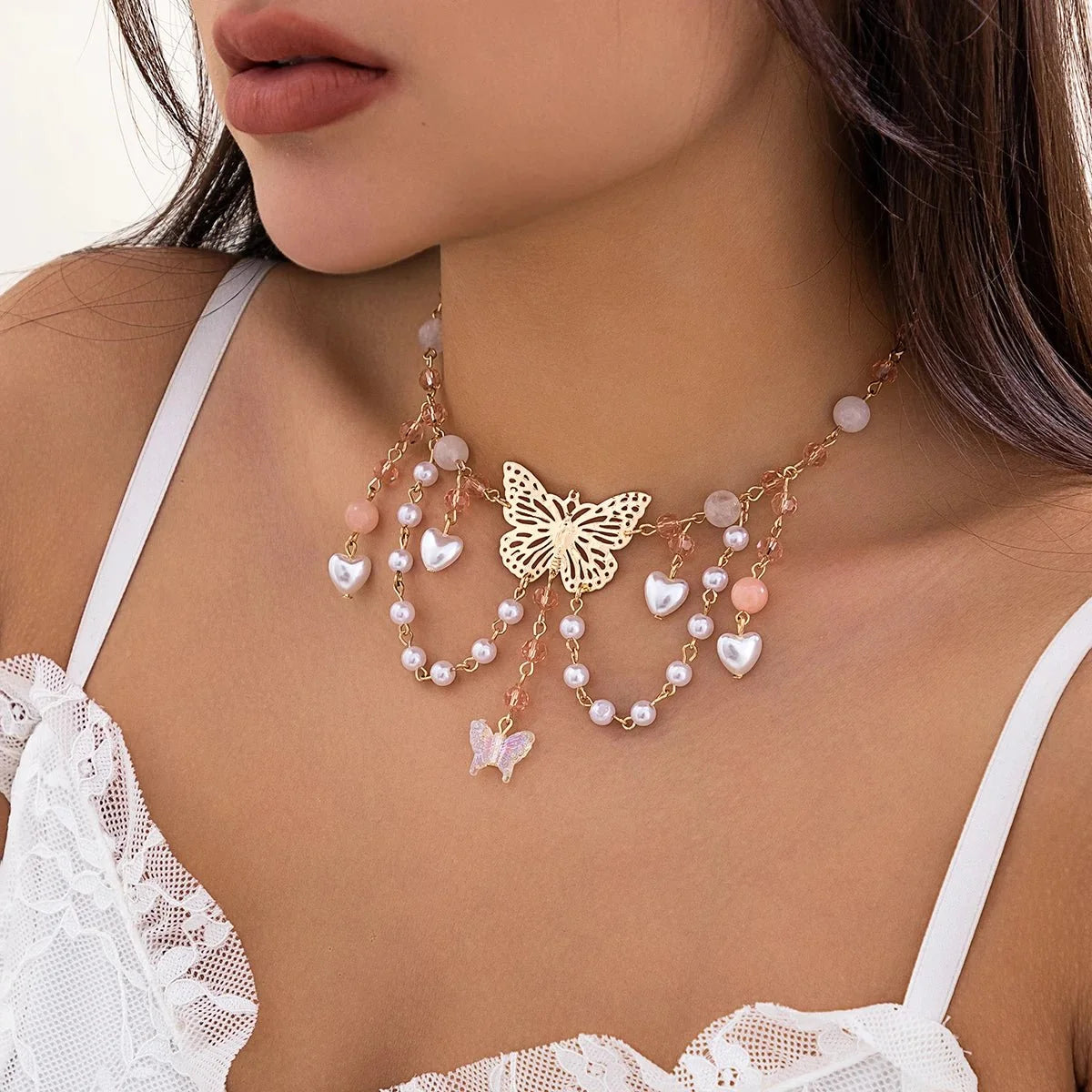 Multi Layered Butterfly Heart Choker Necklace
