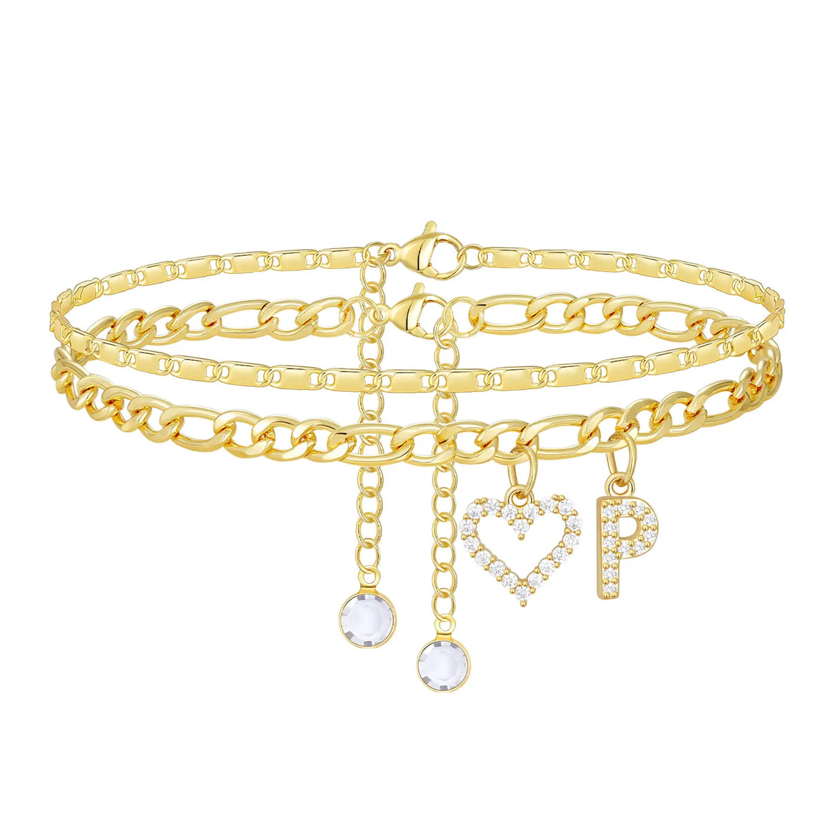 2pc 14k Letter Initial & Diamond Heart Anklet
