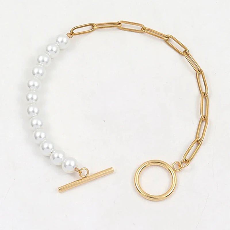 Paperclip Chain Pearl Blended Bracelet and Necklace
