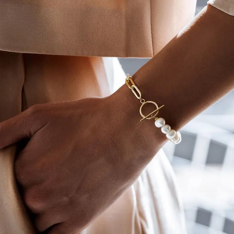 Paperclip Chain Pearl Blended Bracelet and Necklace