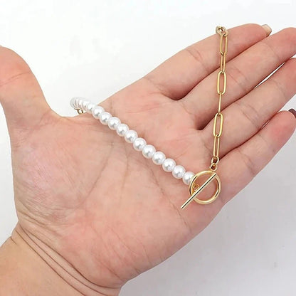 Paperclip Chain Pearl Blended Bracelet and Necklace