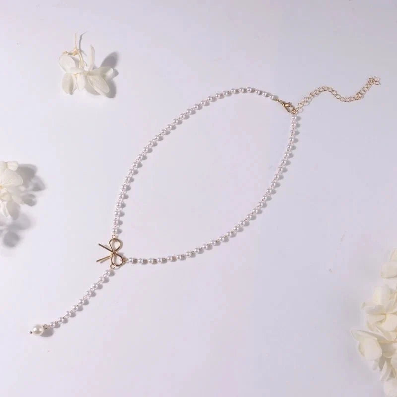 Pearl Dainty Bow Lariat Necklace