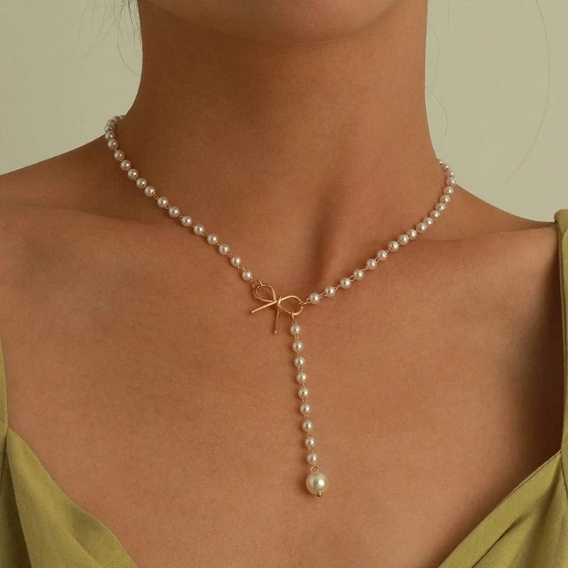 Pearl Dainty Bow Lariat Necklace
