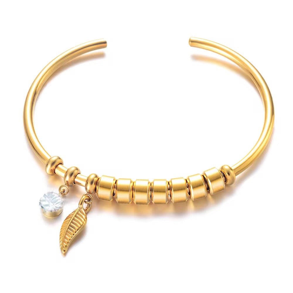 Personalized Leaf Birthstone & Name Family Bangle Bracelet