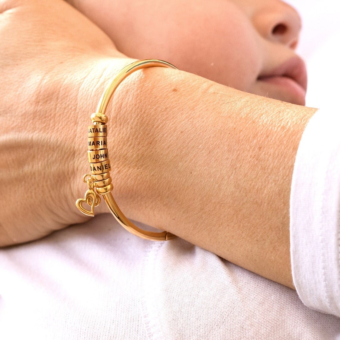 Personalized Leaf Birthstone & Name Family Bangle Bracelet