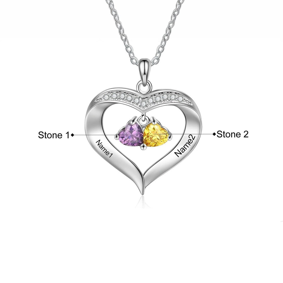 Personalized Name & Birthstone Heart Hanging Pendant Necklace