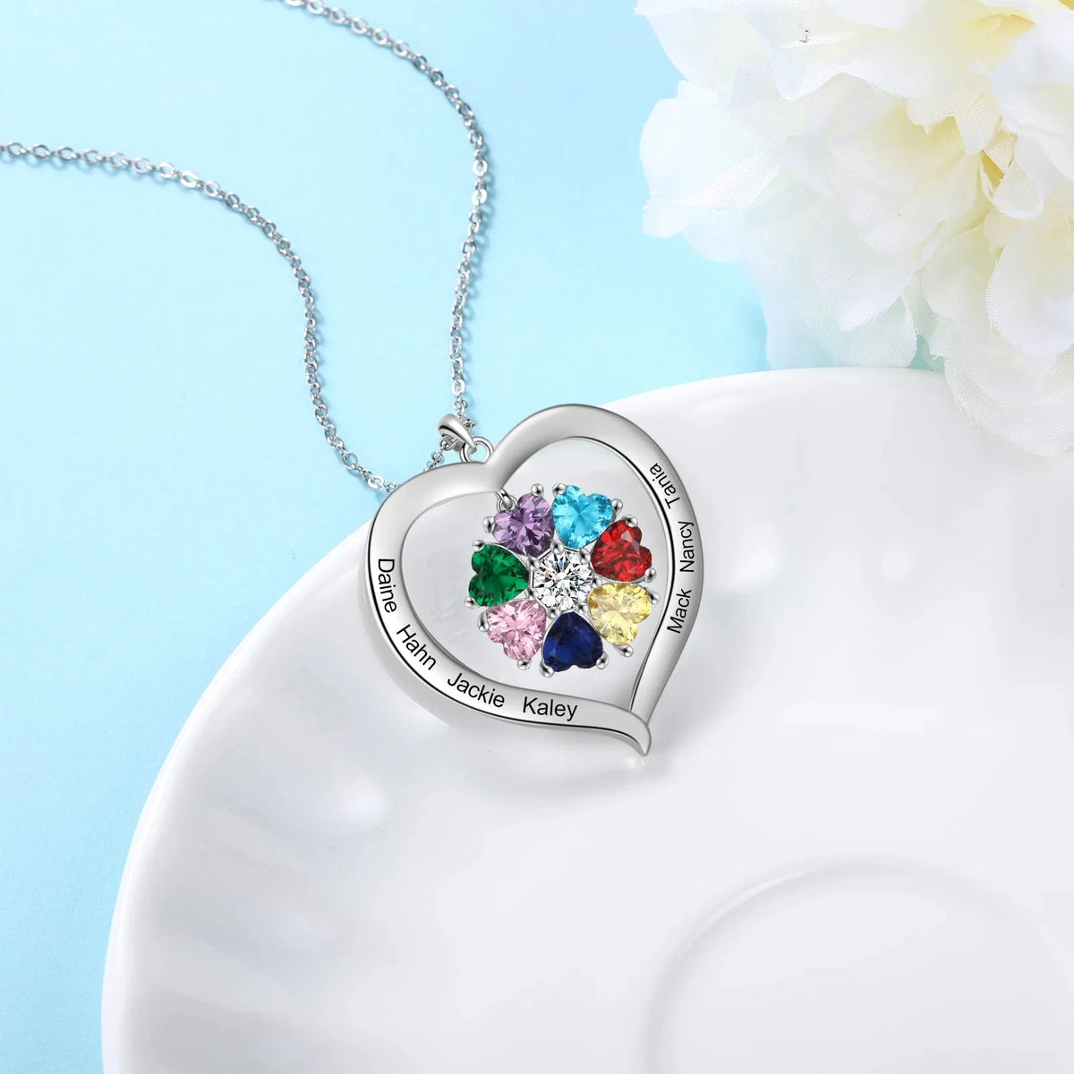Personalized Name & Birthstone Heart Hanging Pendant Necklace