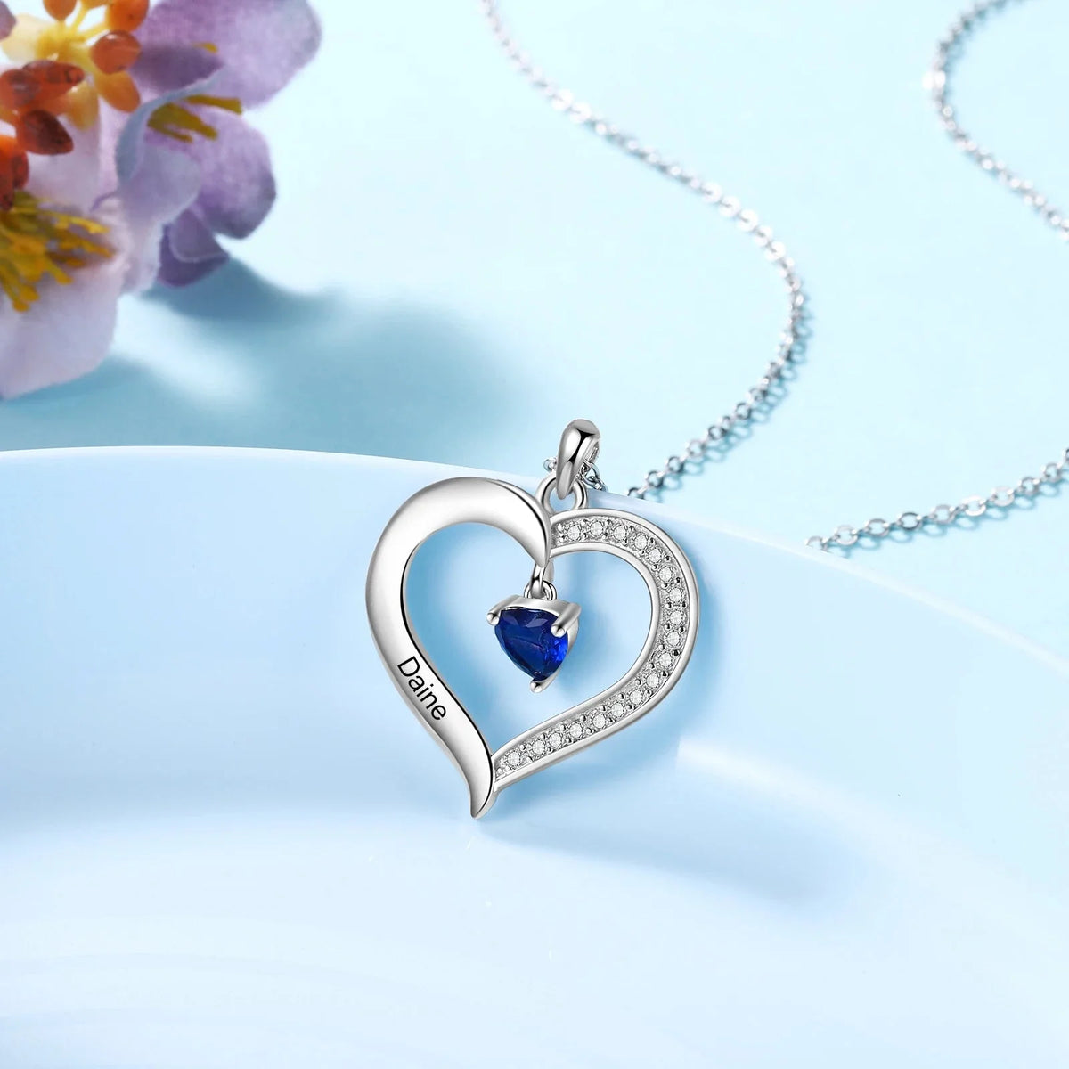 Personalized Name & Birthstone Heart Hanging Pendant Necklace