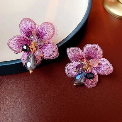 Purple Oriental Hibiscus Floral Earrings