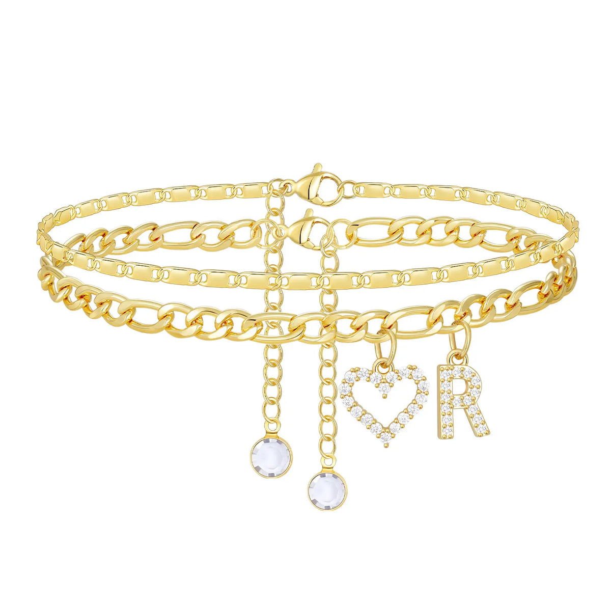 2pc 14k Letter Initial & Diamond Heart Anklet