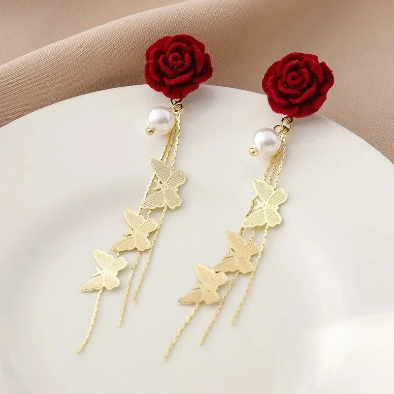 Romantic Rose Pearl Butterfly Dangle Earrings