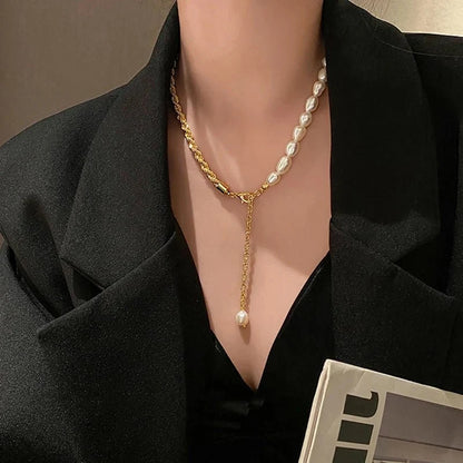 Rope Chain Pearl Contrast Bracelet and Necklace