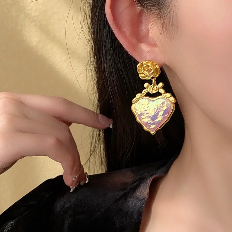 Rose Floral Enamel Heart Earrings