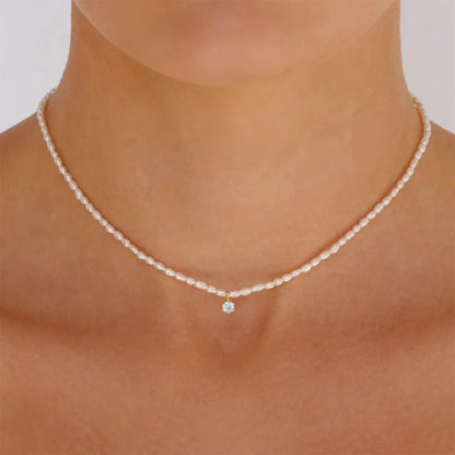 S925 Dainty Diamond Charm Pearl Necklace
