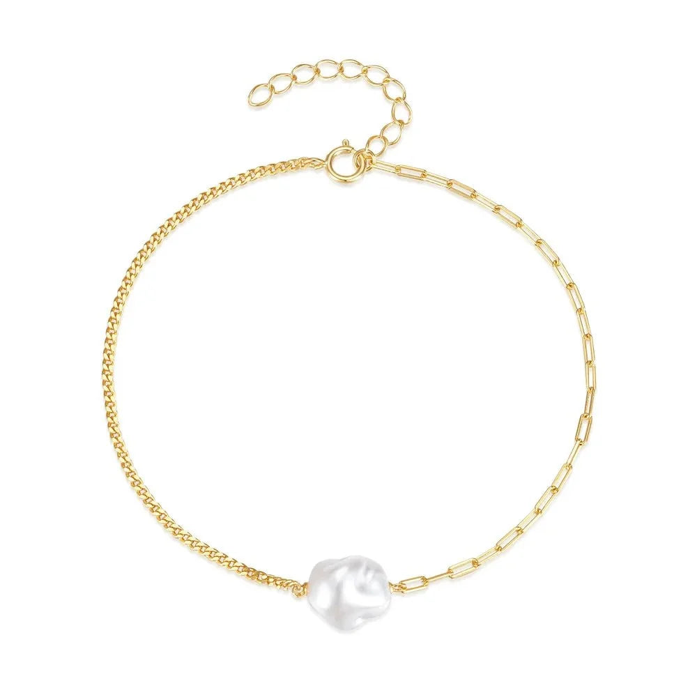 S925 Pearl Dainty Paperclip and Cuban Chain Bracelet