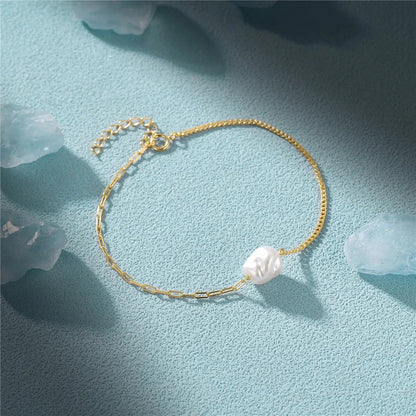 S925 Pearl Dainty Paperclip and Cuban Chain Bracelet