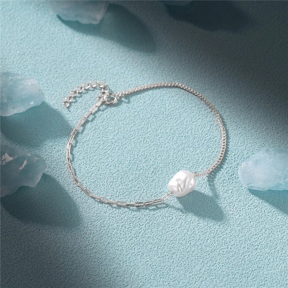 S925 Pearl Dainty Paperclip and Cuban Chain Bracelet