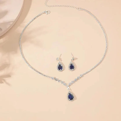 Shimmering Blue Teardrop Diamond Necklace and Earrings Set