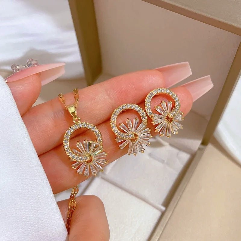Shimmering Floral Diamond Necklace and Earrings