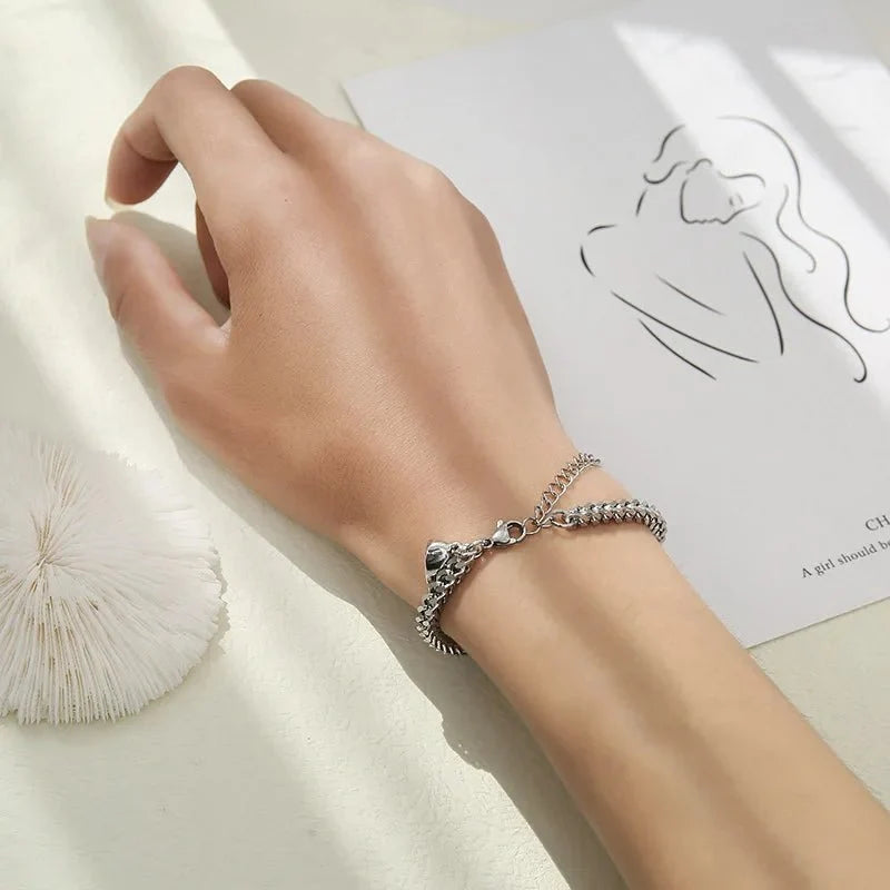 Simple Couples Cuban Magnetic Heart Bracelet Set