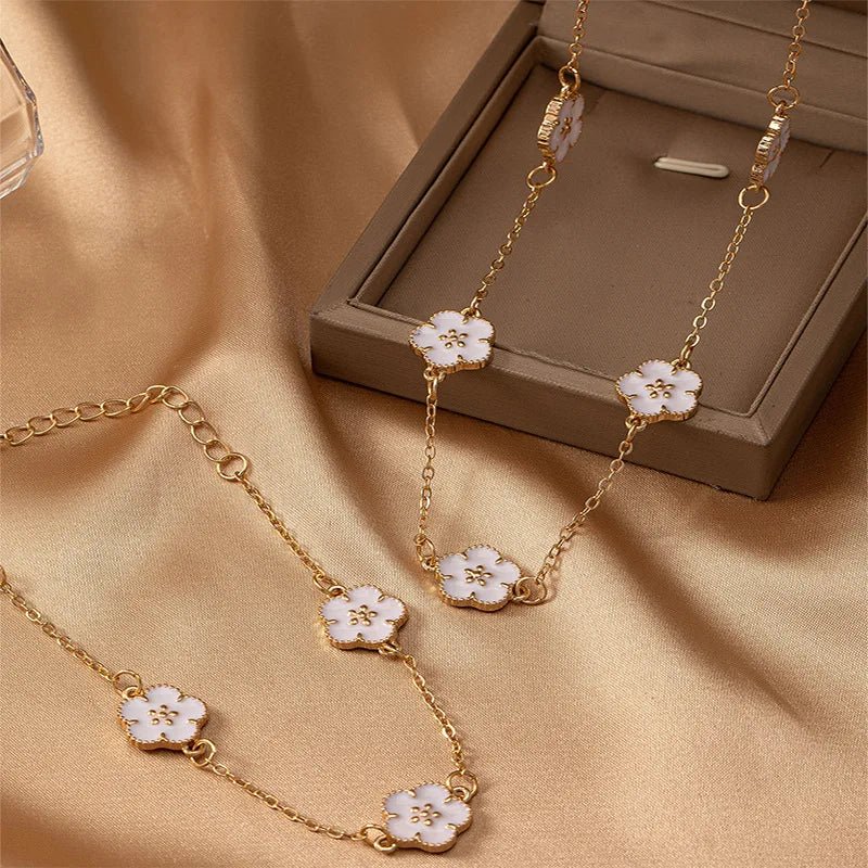 White Accented Clover Necklace and Bracelet Set