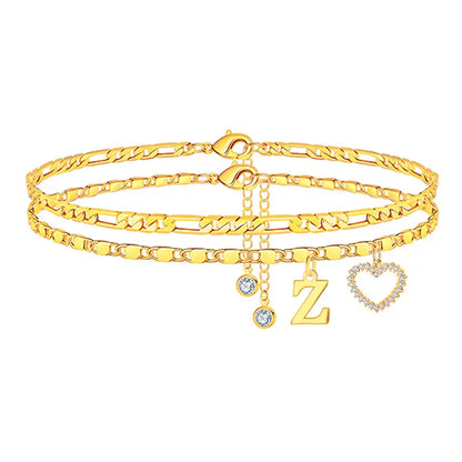 2pc 14k Letter Initial & Diamond Heart Anklet